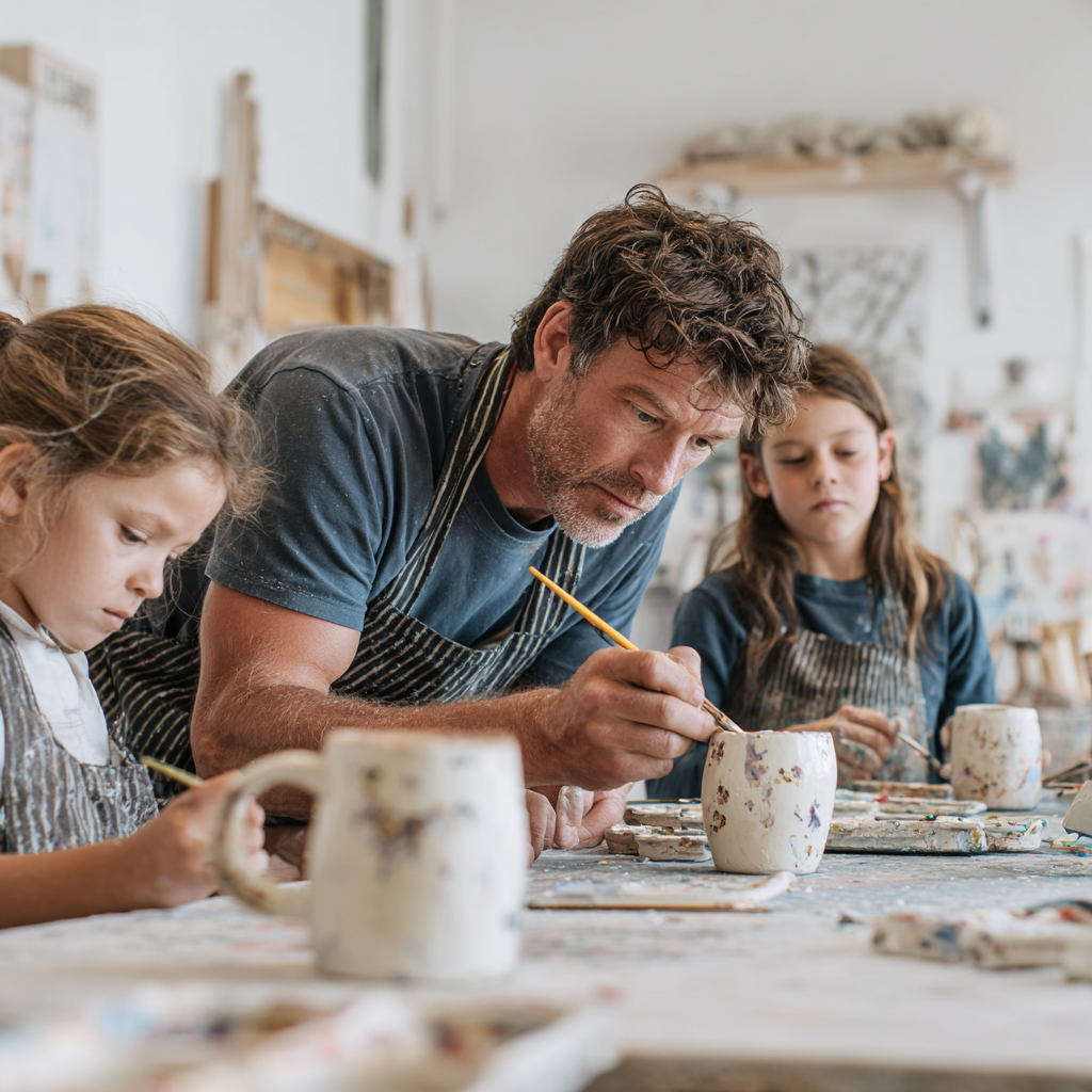 alt="Dzieci i dorosły malujący ceramikę – warsztaty ceramiki dla każdego"