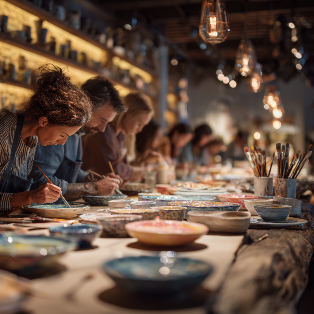 alt="Grupa osób malująca ceramikę przy stole – warsztaty dla grup zorganizowanych"